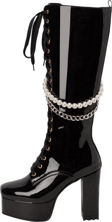 Generic Winter Solid Color Square Toe Platform High Heels Glossy Leather Lace Up Pearl Chain Fashion Women Knee High Boots (Black, 4. 5)