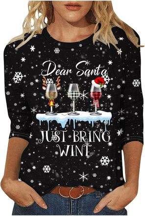 Generic Christmas T Shirts for Women UK Xmas Tops Crewneck 3/4 Sleeve Tshirt Graphic Tees Shirt Christmas Tree Snowflake Printed Blouse Tees Tunic Tops Women 