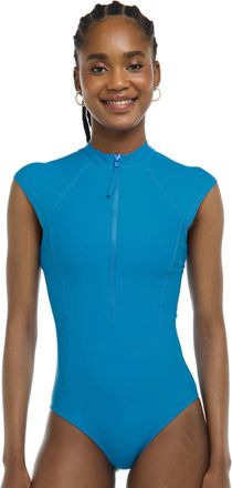 Body Glove Womens Manny Zip Front Cap-Sleeve One Piece Swimsuit with UPF 50, Blue Wave, S