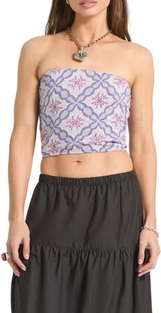 Brixton Hot to Go Tile Print Strapless Cotton Crop Top in Off White/blue Tile at Nordstrom, Size X-Small