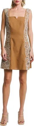 Ciebon Eviana Embroidered Detail Cotton Minidress in Brown/Cream at Nordstrom, Size X-Large