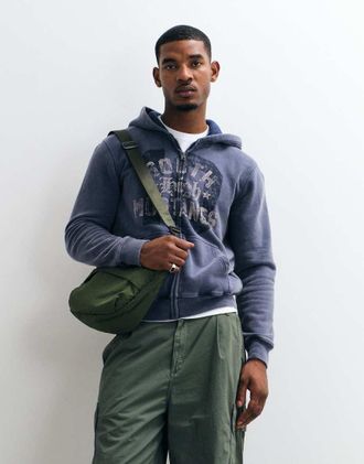 Hollister felpa con cappuccio vintage con grafica sul davanti blu