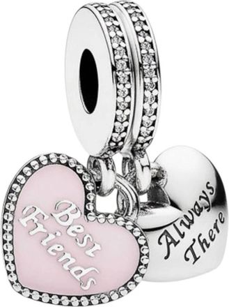 Pandora Dubbel Hart Zilveren Bedel Met Roze Emaille En Heldere Zirkonia - Dames - Sieraden - Grijs - ONE Size - Accessoires