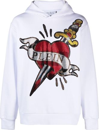 Philipp Plein heart & dagger rhinestone-embellished hoodie - men - Polyester - XXXXL - White