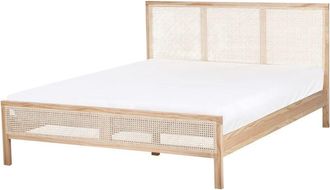 Beliani Modern eu King Size Bed Frame 5ft3 Slatted Base Viennese Braid Headboard Pine Wood Light Brown Salernas