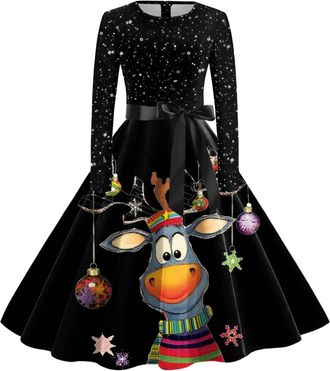 Generic Christmas Dresses for Women Xmas Prin Ladies Elegant A Line Christmas Costumes Loose Round Neck Christmas Dress Long Sleeve Cocktail Dress Funny Years