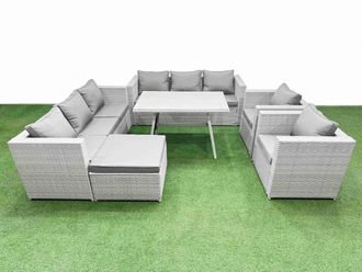 Fimous 9 Seater Garden Furniture Set PE Ratten Garden Sofa Set Big Stool in Light Grey