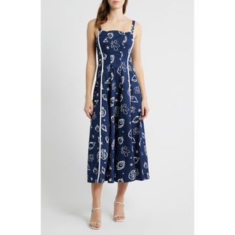 Moon River Shell Print Piped Cotton Midi Dress in Navy Multi at Nordstrom, Size X-Large