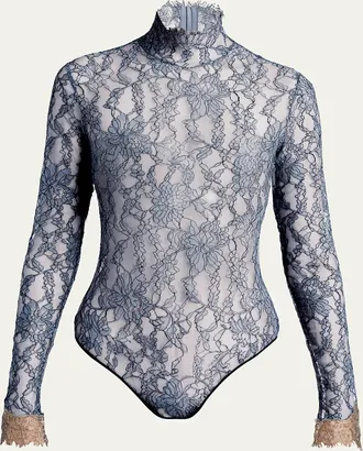 Valentino Garavani Turtleneck Lace Long-Sleeve Bodysuit