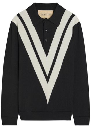 Valentino Garavani Vlogo-intarsia Wool Polo Jumper - Black And White - Xxl
