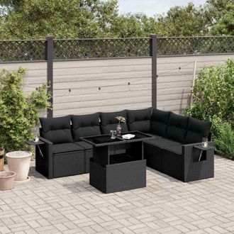 vidaXL Set De Sof&aacute;s De Jard&iacute;n 7 Pzas Con Cojines Rat&aacute;n Sint&eacute;tico Negro Vidaxl