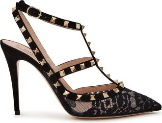 Valentino Garavani Rockstud 100 Lace and Suede Pumps - Black
