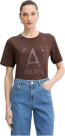 Twinset Tops, Dames, Bruin, L, Katoen, T-shirt met gelamineerde logoprint