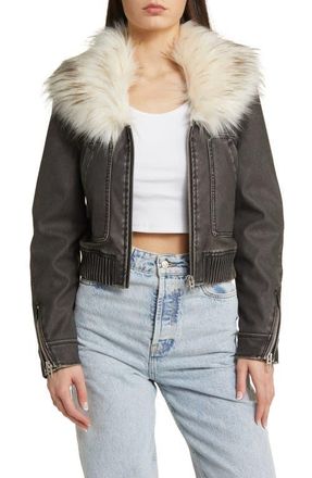Blank NYC Faux Fur Collar Faux Leather Bomber Jacket in Moonlight at Nordstrom, Size X-Small