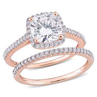 Amour 2 CT DEW Cushion Created Moissanite and 1/3 CT TW Diamond Bridal Ring Set In 14K Rose Gold