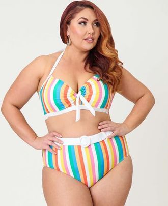 Unique Vintage Plus Size High Waisted Belted Redondo Swim Bottoms in Blue Rainbow Stripe at Nordstrom, Size 3X