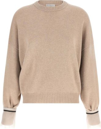 Brunello Cucinelli Beige Solid Crew Neck Sweater