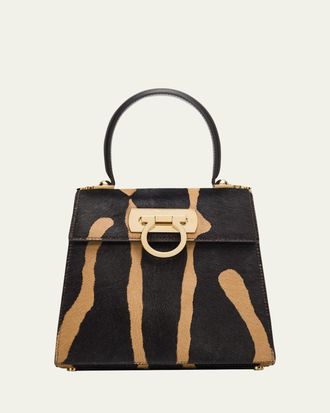 Ferragamo Iconic Zebra-Print Ponyhair Small Top-Handle Bag