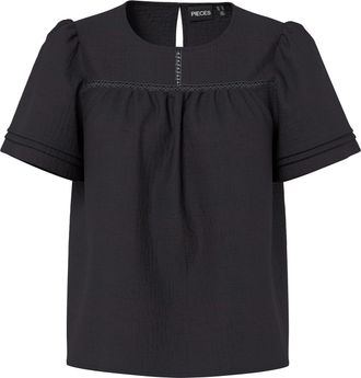 Pieces Blusenshirt PIECES PCSIKKA SS TOP WVN NOOS BC, Damen, Gr. XXL, schwarz, Jersey, Obermaterial: 100% Baumwolle, unifarben, regular fit normal, Rundhals,