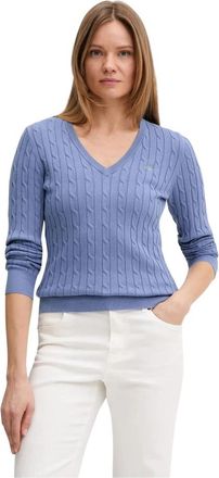GANT Stretch Cotton Cable Knit V-Neck Sweater - Dames - V-hals truien - Blauw - 2XS - Katoen - Truien & Vesten