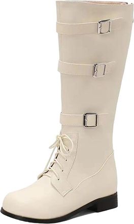 Generic Womens Knee High Riding Boots Round Toe Low Block Heel With Lace Up Front Side Zipper And Adjustable Buckles