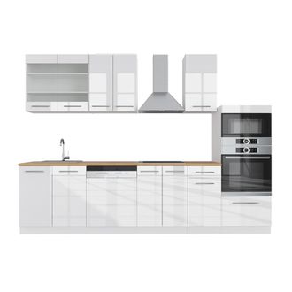 Vicco Mueble De Cocina Fame-line, Blanco Alto Brillo/blanco, 300 Cm Con Armario Alto, Et Roble
