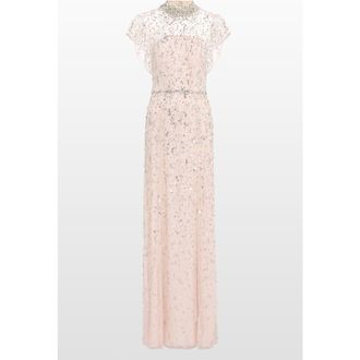 Jenny Packham Crystal Drop Embellished High-Neck Maxi Dress in Sugar at Nordstrom, Size 12 Uk