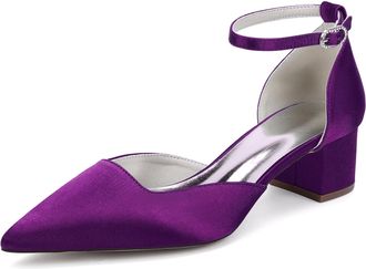 Generic Womens Block Heels Satin Bridal Wedding Shoes Pointed Toe Ankle Strap Court Prom Party Low Heels Shoes 4.5Cm,Dark Purple,10 UK