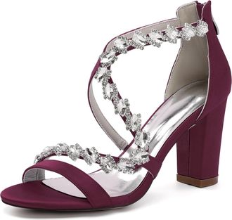 Generic Womens Open Toe Block Heel Sandals Bridal Crystal Wedding Dress Shoes Ankle Strap Prom Party Wedding Pump Sandals 8.5Cm,Burgundy,5 UK