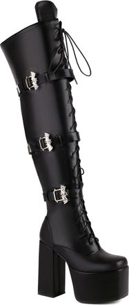 Generic Womens Chunky High Heel Platform Gothic Punk Boots Lace Up Thigh High Boots with Side Zipper PU Leather Over The Knee Boot with Bat Wing Buckles,Black