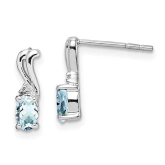 Diamond2Deal Sterling Silver Rhodium Plated Dia. & Aquamarine Oval Earrings