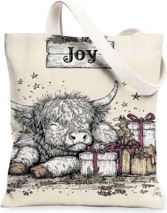 Generic Joyful Animal Canvas Tote Bag, Holiday Cow Design Reusable Grocery Bags, Lightweight Washable Shoulder Strap Bags for Trave, Beige, 13x15 Inch
