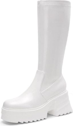 Generic Womens Round Toe Knee High Platform Boots Glossy PU Leather Elastic Cuff Side Zipper Non Slip Wear Resistant Chunky Sole Comfortable Stylish for Stree