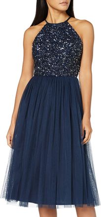 Maya Womens Ladies Midi Dress with Halter Neck Tulle for Evening Graduation Prom Wedding Bridesmaids Ball Gown, Navy, 22