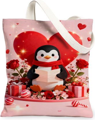 Generic Cute Penguin Canvas Tote Bags, ValentineS Day Heart Pattern Reusable Grocery Bags, Lightweight Washable Shoulder Strap Can, Peach, 13x15 Inch