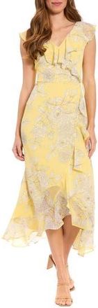 London Times Ruffle Wrap Maxi Dress in Yellow/White at Nordstrom Rack, Size 10