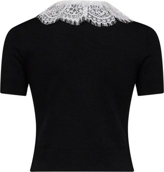Self Portrait Womens Knit Top With Lace Collar Black Wool Sweater