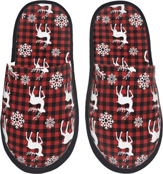 Generic Slipper Plaid Reindeer Snowflakes Furry House Slippers Unisex House Shoes For Bedroom Indoor Guest Room M