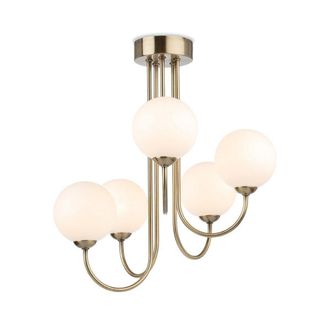 Netlighting Lyndon 5 Light Globe Flush Fitting Antique Brass with Opal White Glass