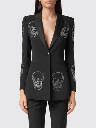 Philipp Plein Slim Fit Single-Breasted Cropped Cr&ecirc;pe Blazer with Skull Print and Rhinestones