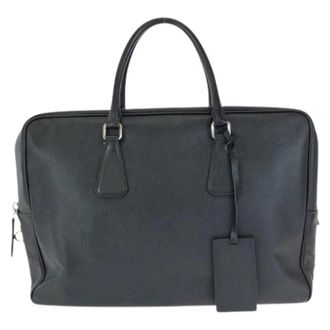 Prada Pre-owned Leren Aktetas met Logo Plaquette - Heren - Vintage Handtas - Zwart - ONE Size - Leer - Vintage