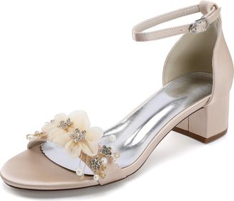 Generic Womens Block Heel Wedding Shoes Open Toe Low Heel Bridal High Sandals Pearl Prom Party Dress Shoes 4.5Cm,Champagne,10 UK