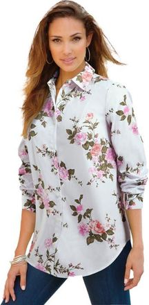 Roaman's Plus Size Kate Long Sleeve Easy Cotton Blend Button Front Shirt in White Mixed Flowers at Nordstrom, Size 16