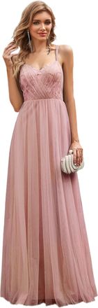 Ever-pretty Maxi Women Dresses Sleeveless Sequin Tulle Bridesmaid Dress with Cross-Back Straps Evening Dresses Pink 16UK