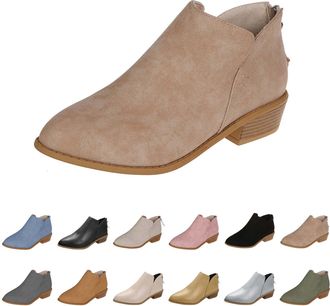 Generic Ankle Boots for Womens Chunky Low Heeled Short Booties Ladies Casual Comfortable Brown Non-Slip Boots Pointed Toe Vintage Suede Cowboy Booties with Zi