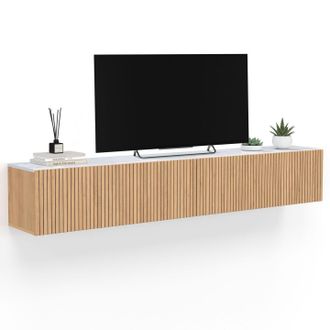 IDMarket Mobile Tv Sospeso Juliette 180 Cm Con 2 Ante, Piano Effetto Marmo, Doghe In Legno Color Rovere