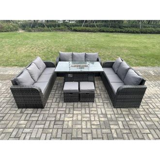 Fimous Rattan Furniture Garden Dining Set Gas Fire Pit Table With Lounge Sofa 2 Small Footstools Dark Grey Mixed - Fimous