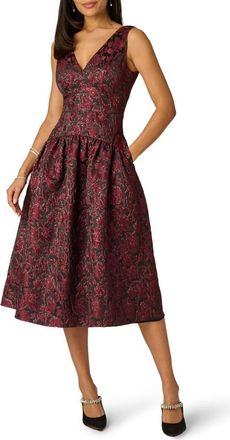 Adrianna Papell Floral Metallic Jacquard Midi Dress in Burgundy at Nordstrom, Size 16