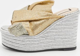 N&deg;21 N21 Silver/gold Glitter Fabric Raso Knot Espadrille Platform Wedge Sandals