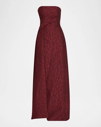 Monique Lhuillier Strapless Textured Jacquard Draped Train Column Gown